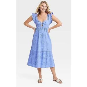 Women's Flutter Short Sleeve Midi A-Line Dress - Large Blue